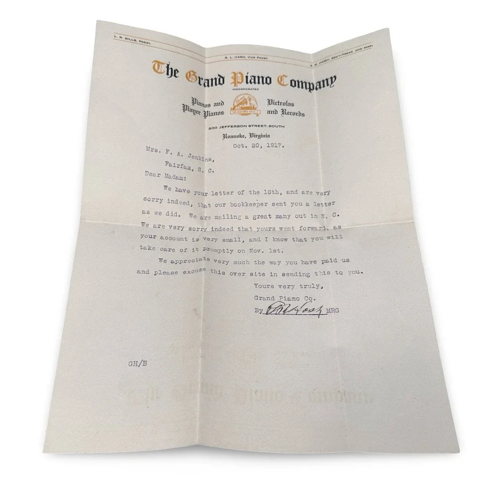 Antique F.A. Jenkins 1917 Grand Piano Co Roanoke VA Letterhead Victor Victrola